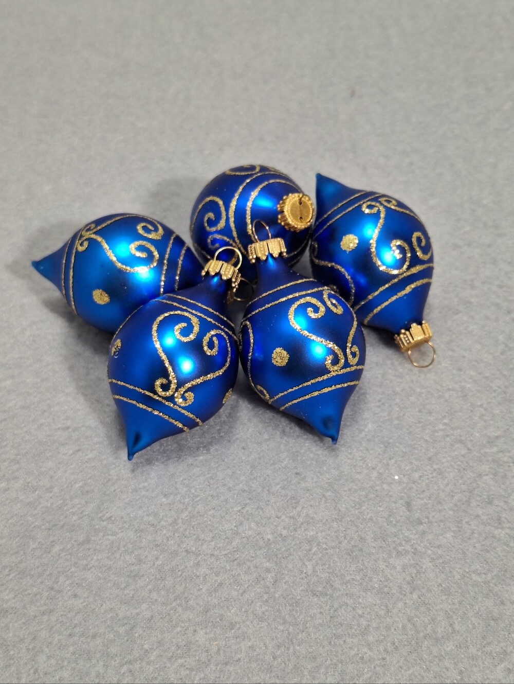 5 Royal Blue & Gold Glitter Teardrop Glass Christmas Holiday Ornaments 2 Inch